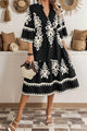 Rubie Black Western Geometric Print 3/4 Sleeve Loose Midi Dress