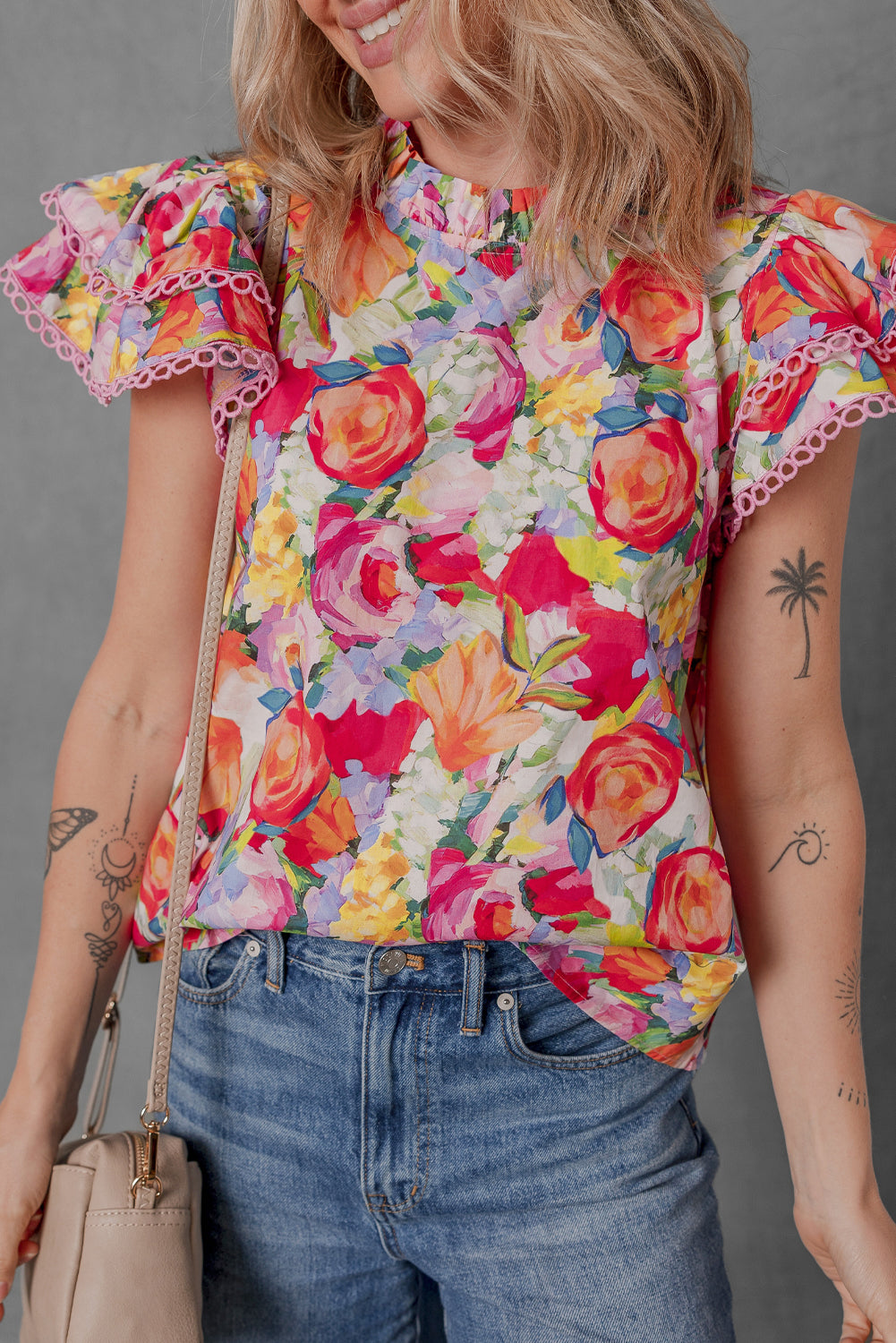 Lace Trim Ruffle Sleeve Floral