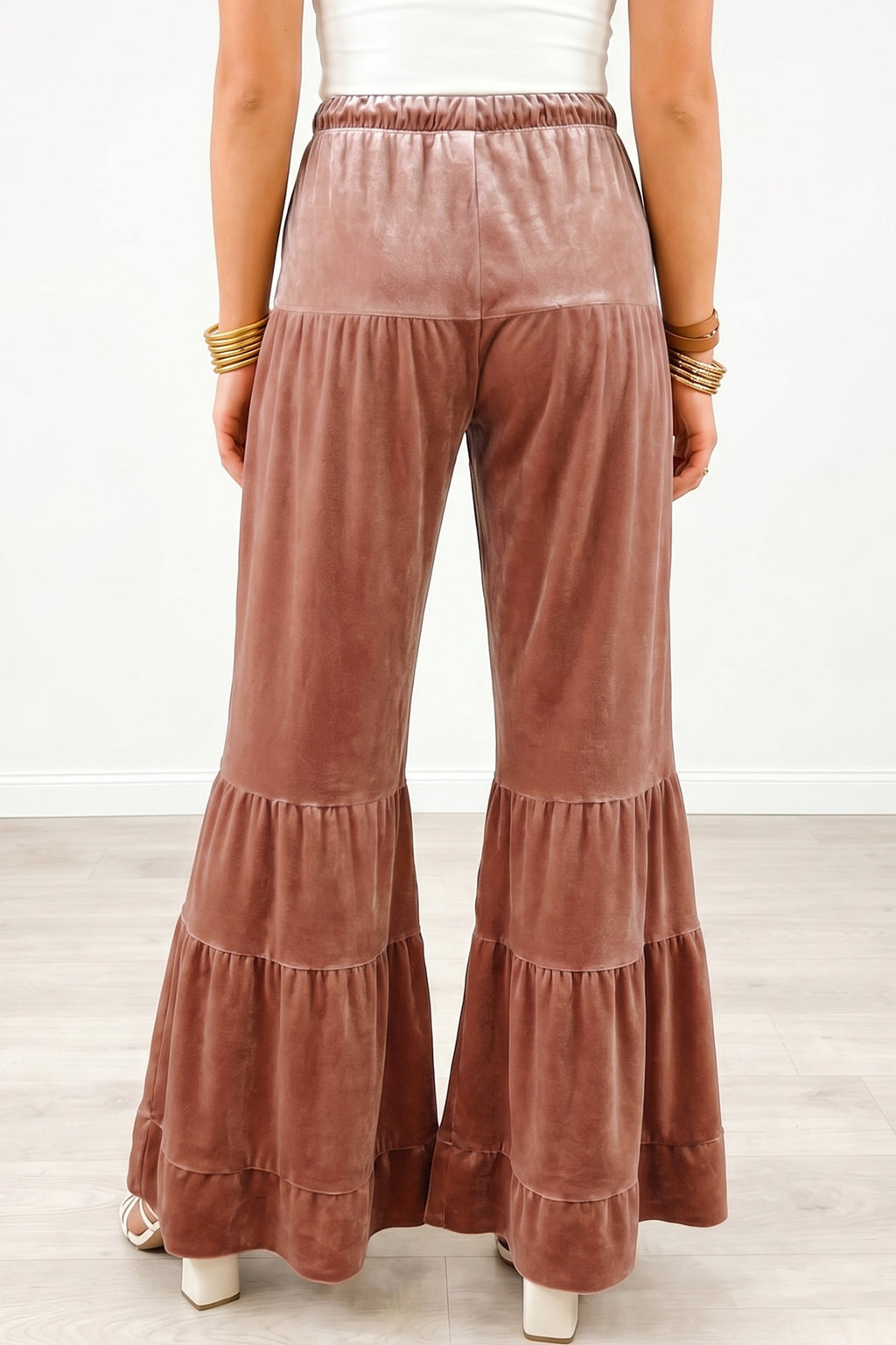 Glunel Straw Yellow Mineral Wash Lace-up High Waist Tiered Bell Bottom Pants