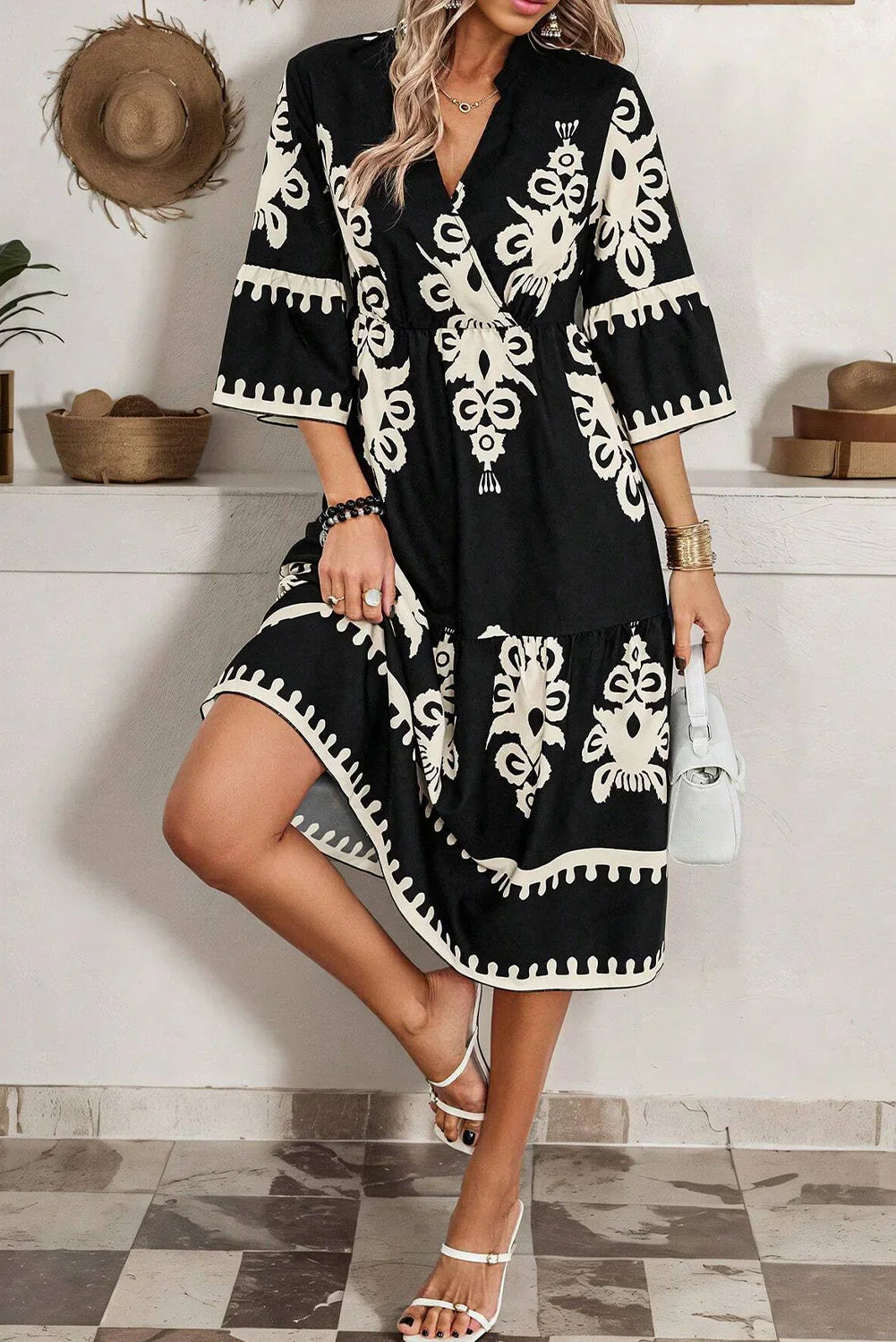 Rubie Black Western Geometric Print 3/4 Sleeve Loose Midi Dress