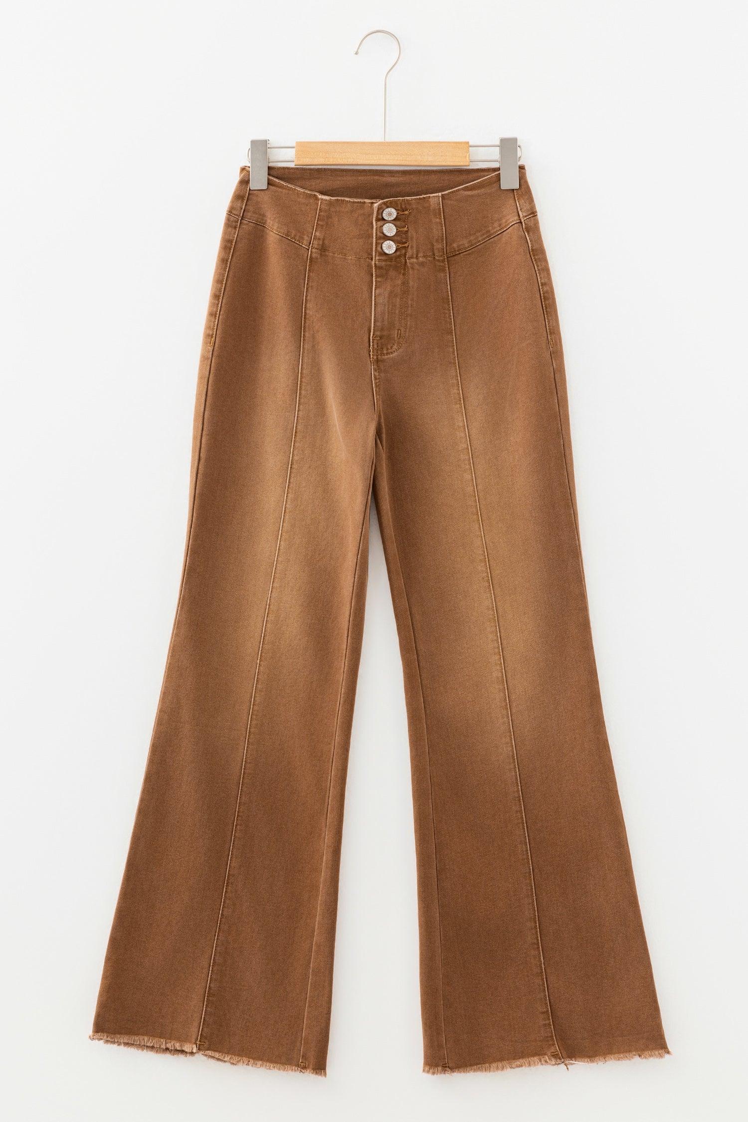 Chersey Coffee High Waist Button Fly Seamed Raw Hem Flare Jeans
