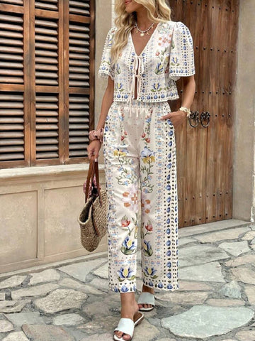 Wanda Floral Print Tie-Front Two Piece Sets