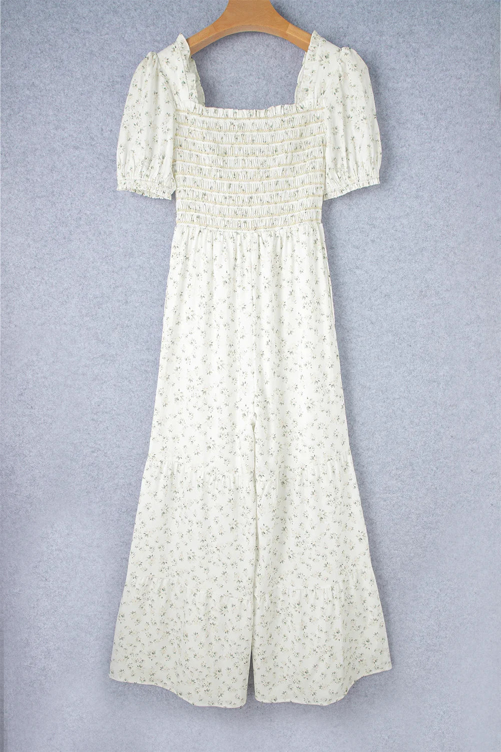 Nordie White Boho Floral Smocked Wide Leg Short Puff Sleeve Jumpsuit