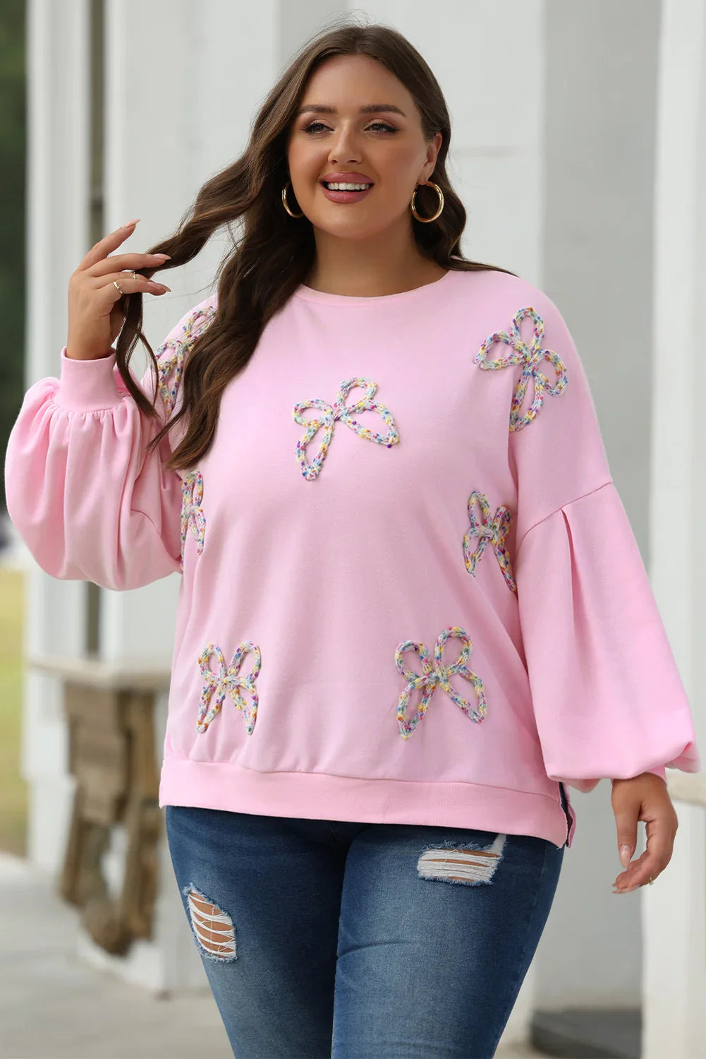Lian Light Pink Embroidered Bow Lantern Sleeve Oversized Pullover Sweatshirt