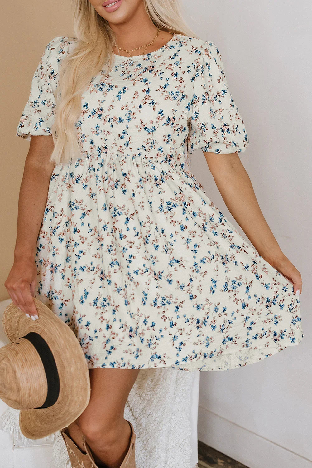 Marquees Beige Floral Puff Short Sleeve Empire Waist Mini Dress