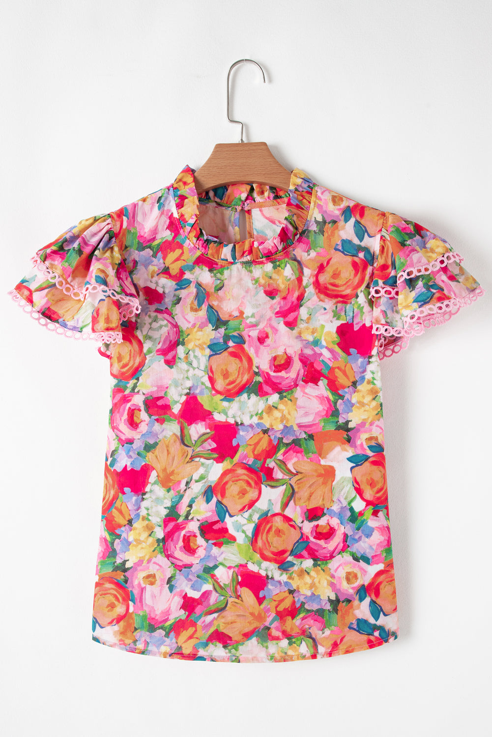 Lace Trim Ruffle Sleeve Floral