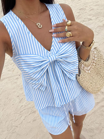 Pamela Striped Bowknot Sleeveless Two Piece Sets