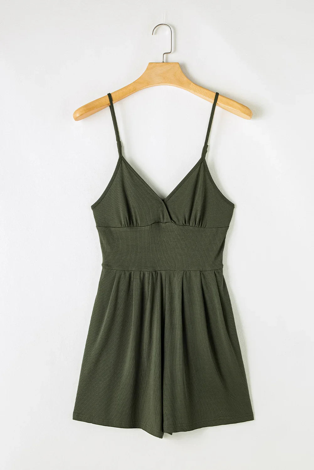 Mollie Moss Green Spaghetti Straps Cinched Waist Ribbed Romper