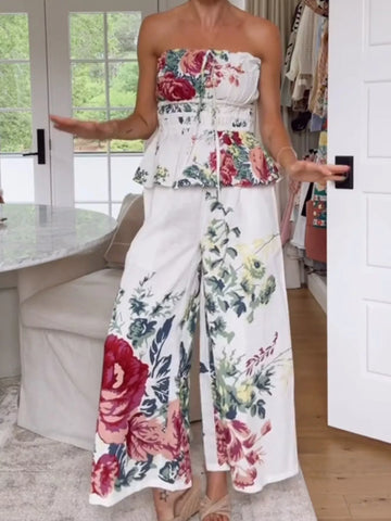 Layla Floral Print Strapless Wide-Leg Two Piece Sets