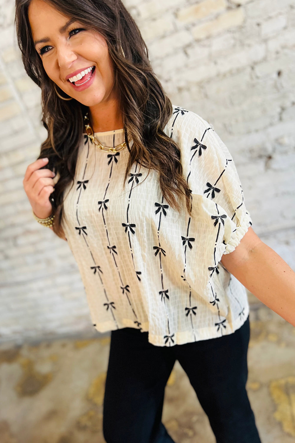 Bow Print Puff  Sleeve
