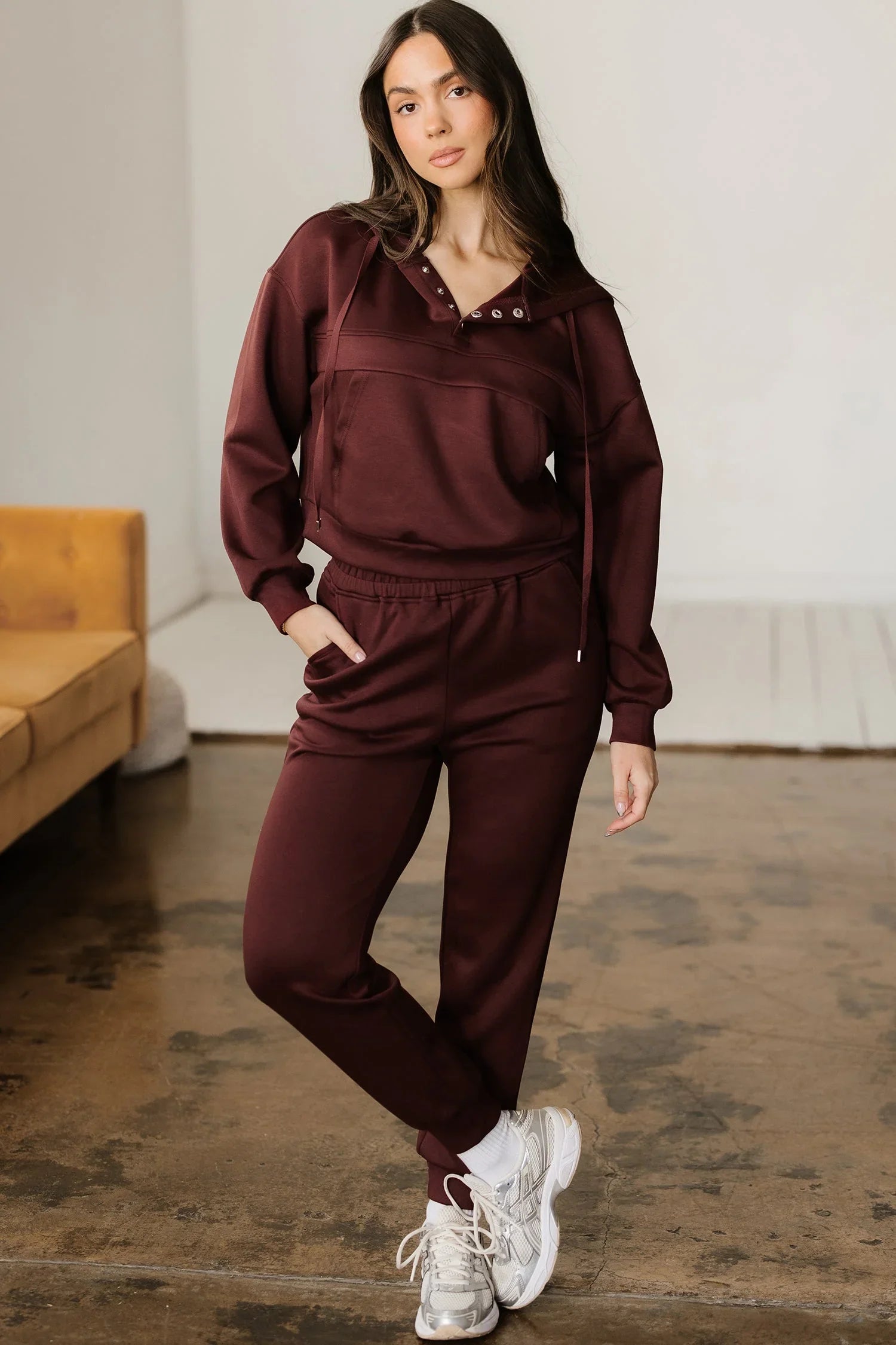 Chicory Coffee Button Drawstring Cropped Hoodie Jogger Set