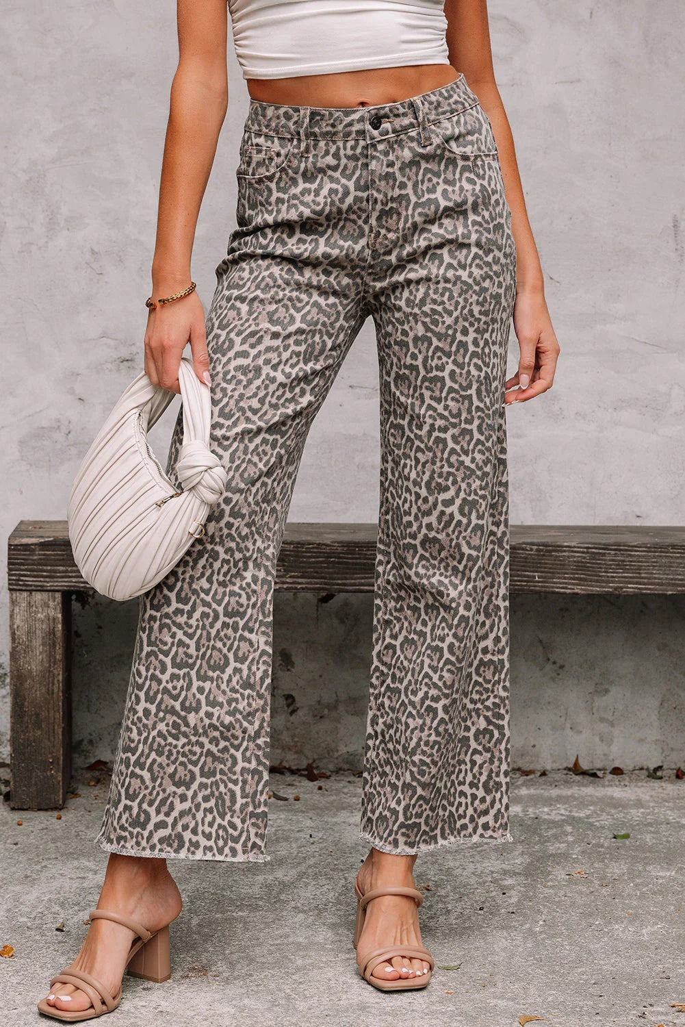 Brianna Leopard Frayed Edge Wide Leg High Waist Jeans