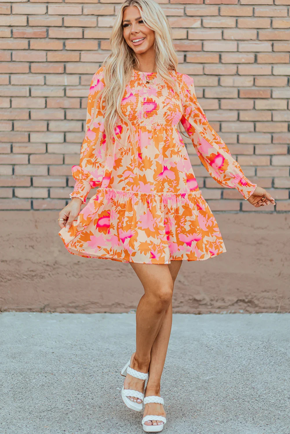 Lonnie Orange Abstract Print Smocked Lantern Sleeve Ruffle Mini Dress