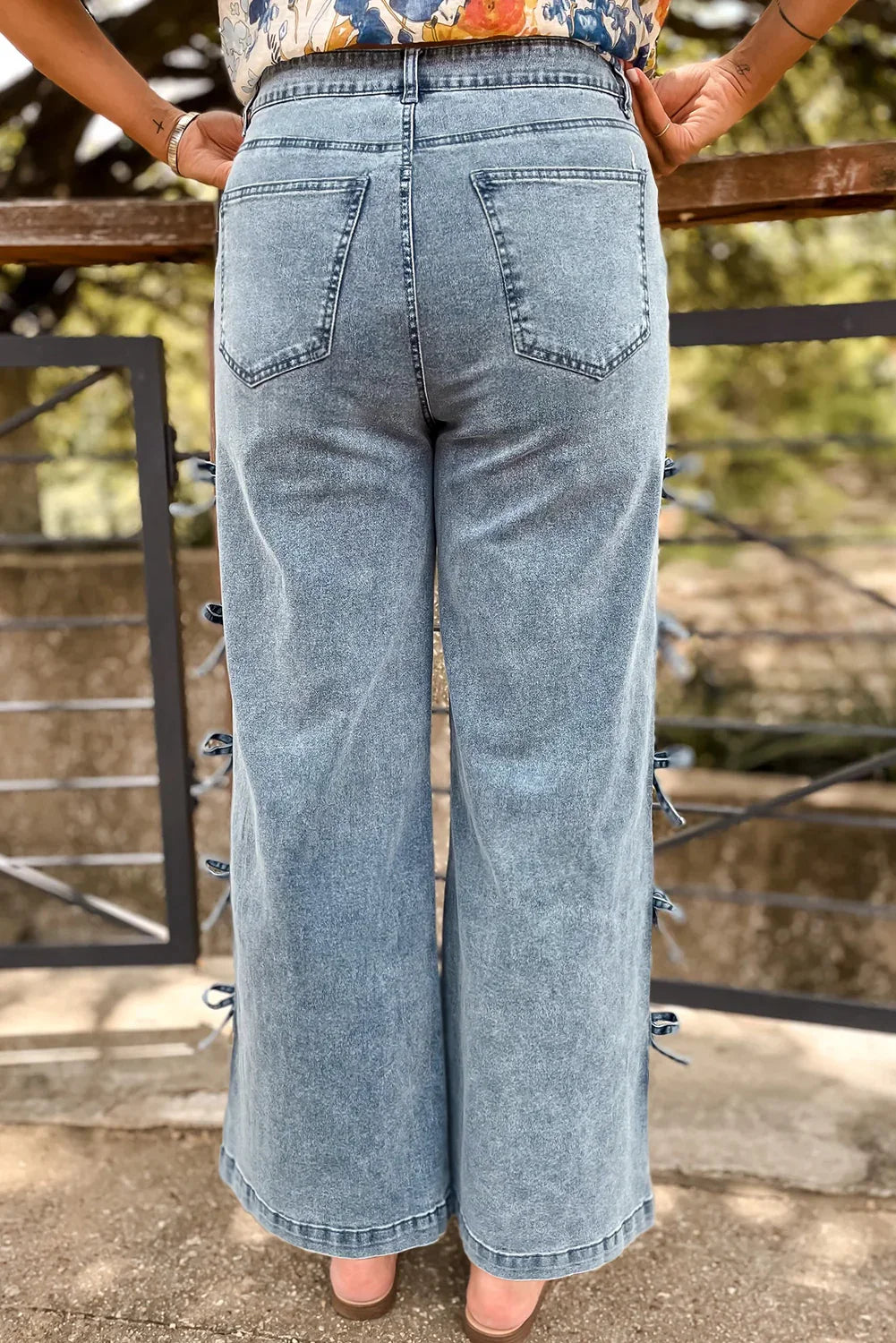 Winley Beau Blue Bow Knot Side Detail Straight Leg Loose Jeans