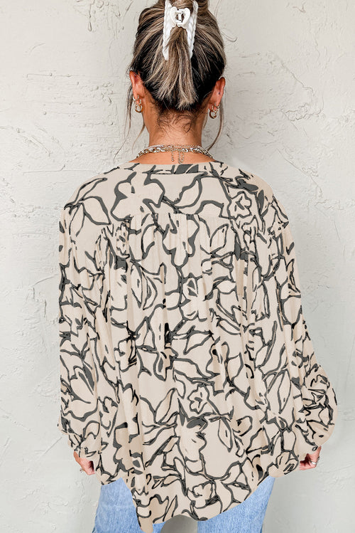 Marengo Gray Morn Floral Print Batwing Sleeve Buttoned Loose Fit Shirt