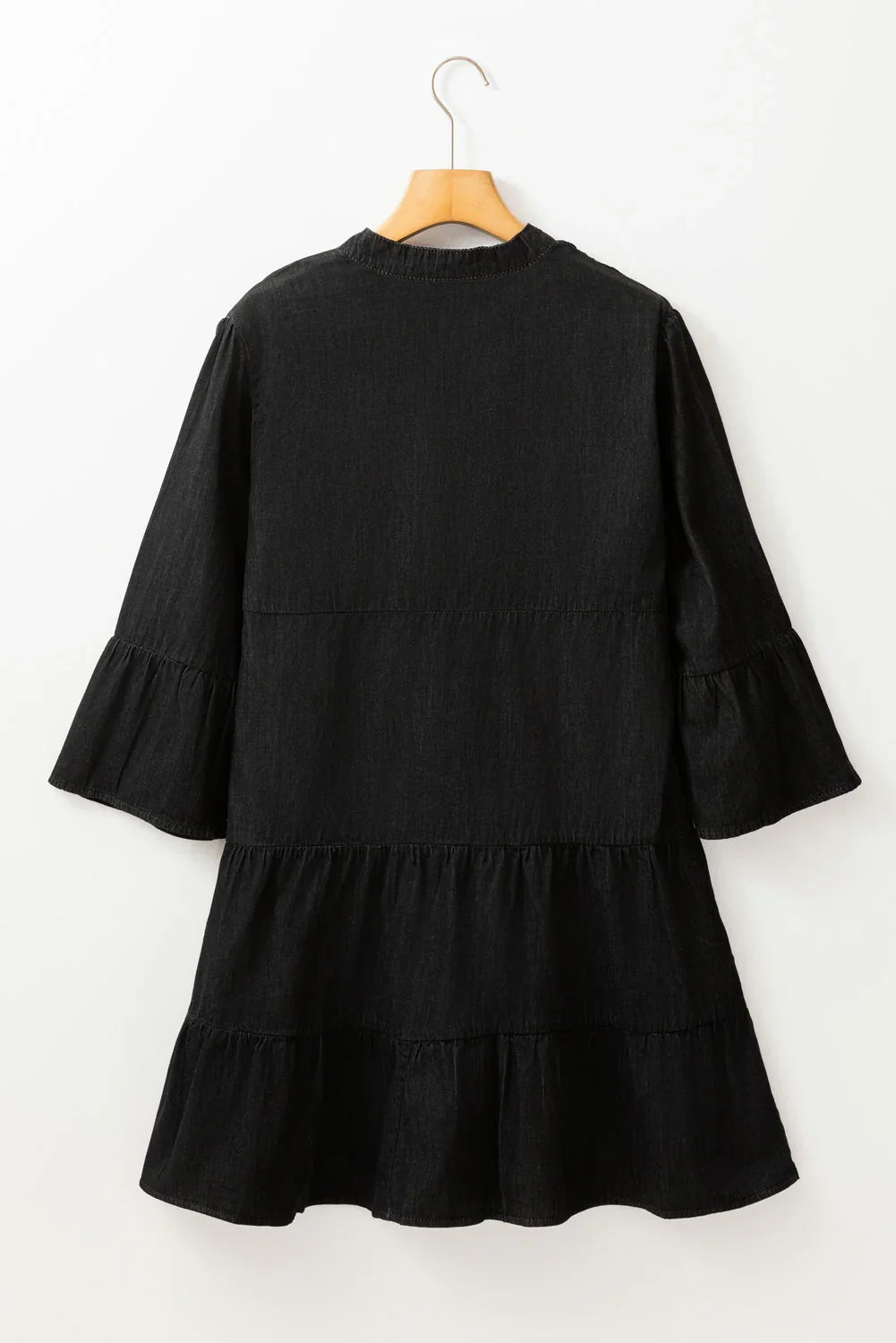 Corey Black Chambray Ruffled 3/4 Sleeve Tiered Split V Neck Mini Dress