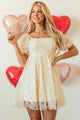 Tribeca Apricot Sequined Lace Mesh Bubble Sleeve Square Neck Dress