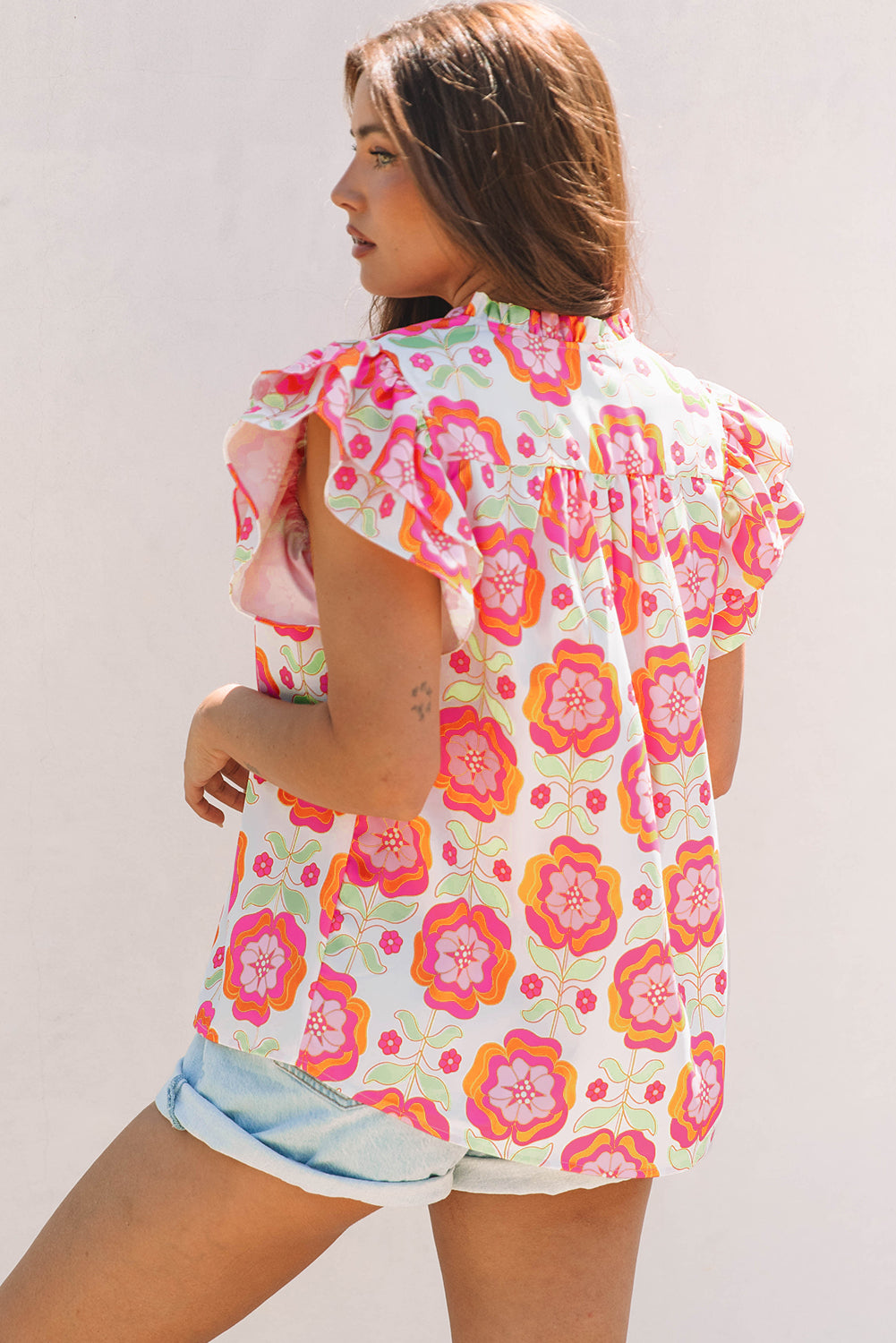 Rose Floral Ruffled Sleeve Split Neck