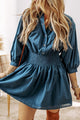 Roddie Prussian Blue 3/4 Sleeve Shirred High Waist Buttoned Mini Dress