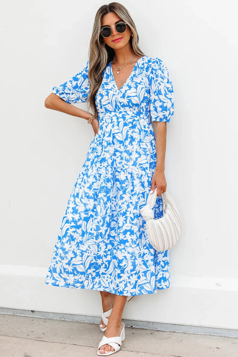Midtown Girl Sky Blue Floral V Neck Puff Short Sleeve Flowy Long Dress
