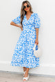 Midtown Girl Sky Blue Floral V Neck Puff Short Sleeve Flowy Long Dress