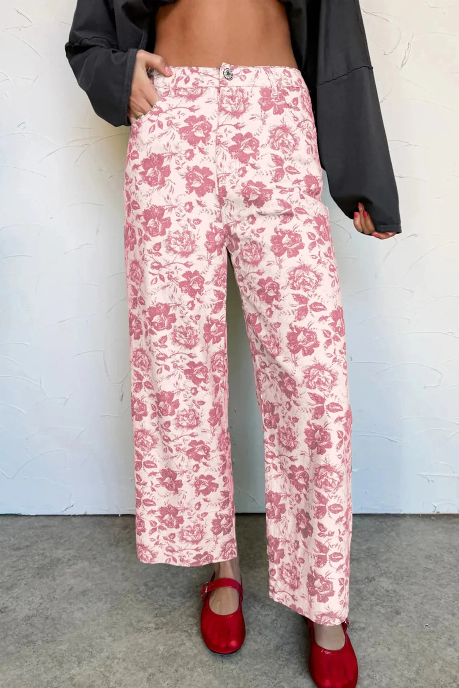 Floral Denim High Waist Pants