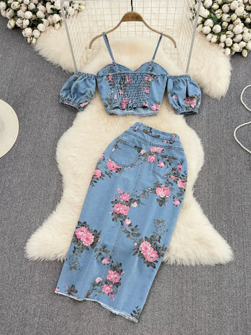 Ali Floral Print Sweetheart Neck Two Piece Sets
