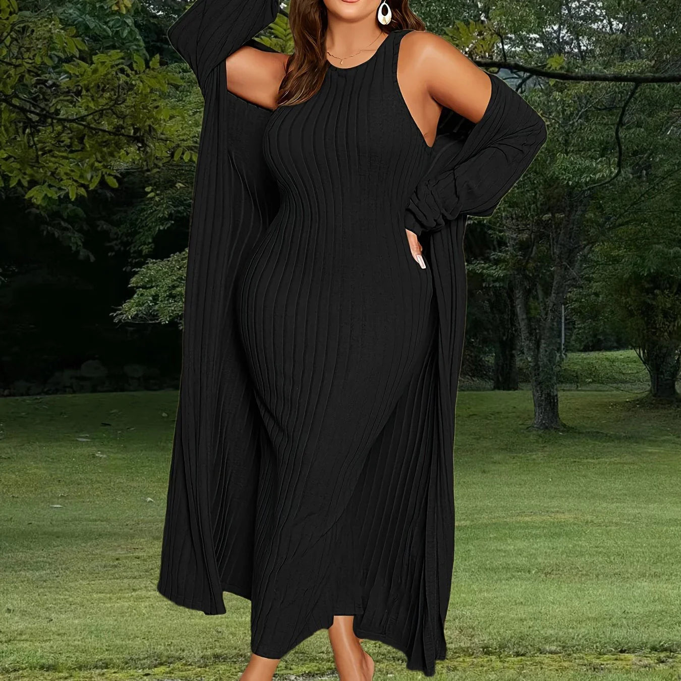 Plus Size Ribbed Cardigan Cap Elegant Two Piece Set
