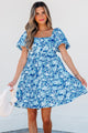 Bowly Blue Floral Puff Sleeve Babydoll Mini Dress