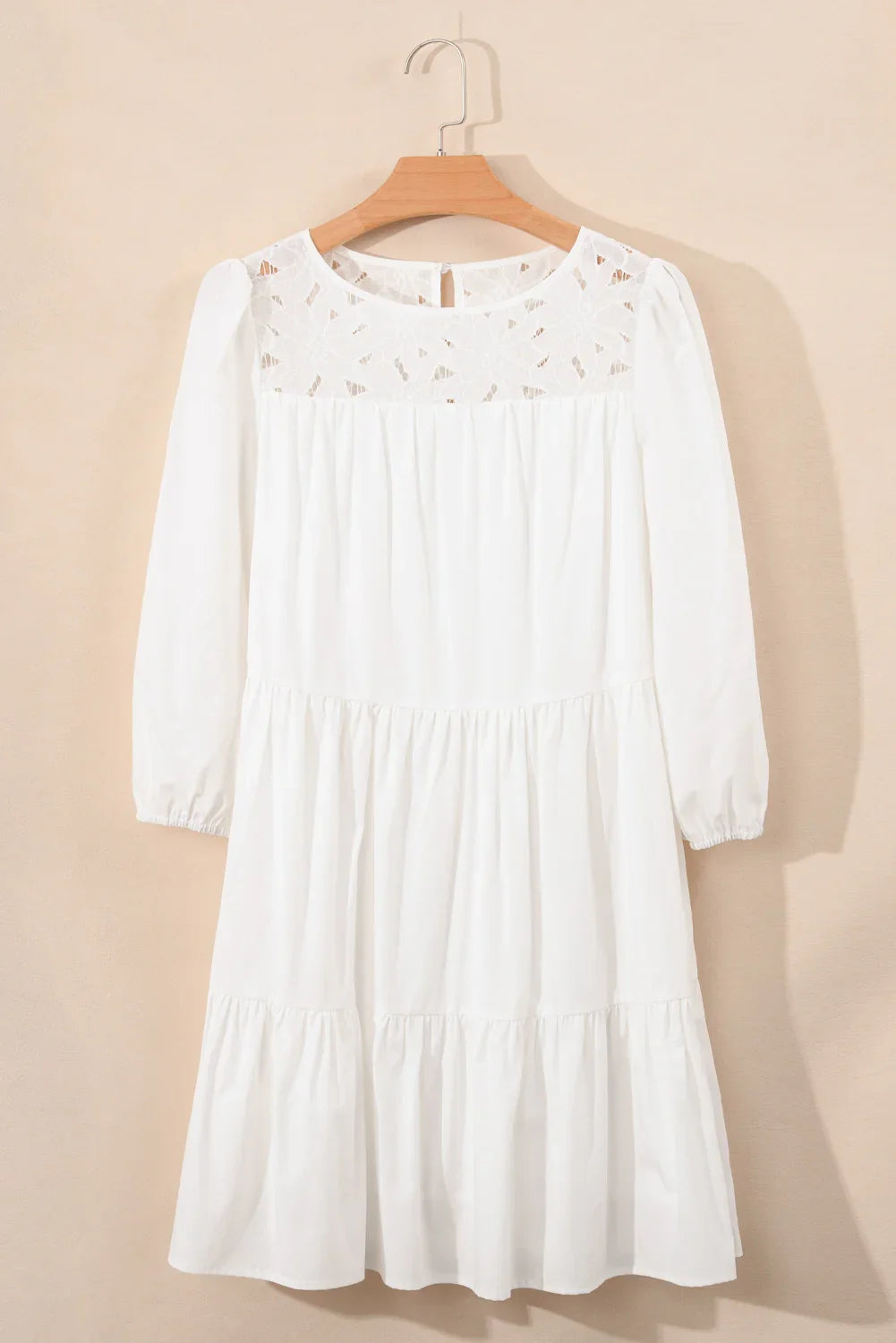 July White Floral Lace Patchwork Bracelet Sleeve Tiered Mini Dress
