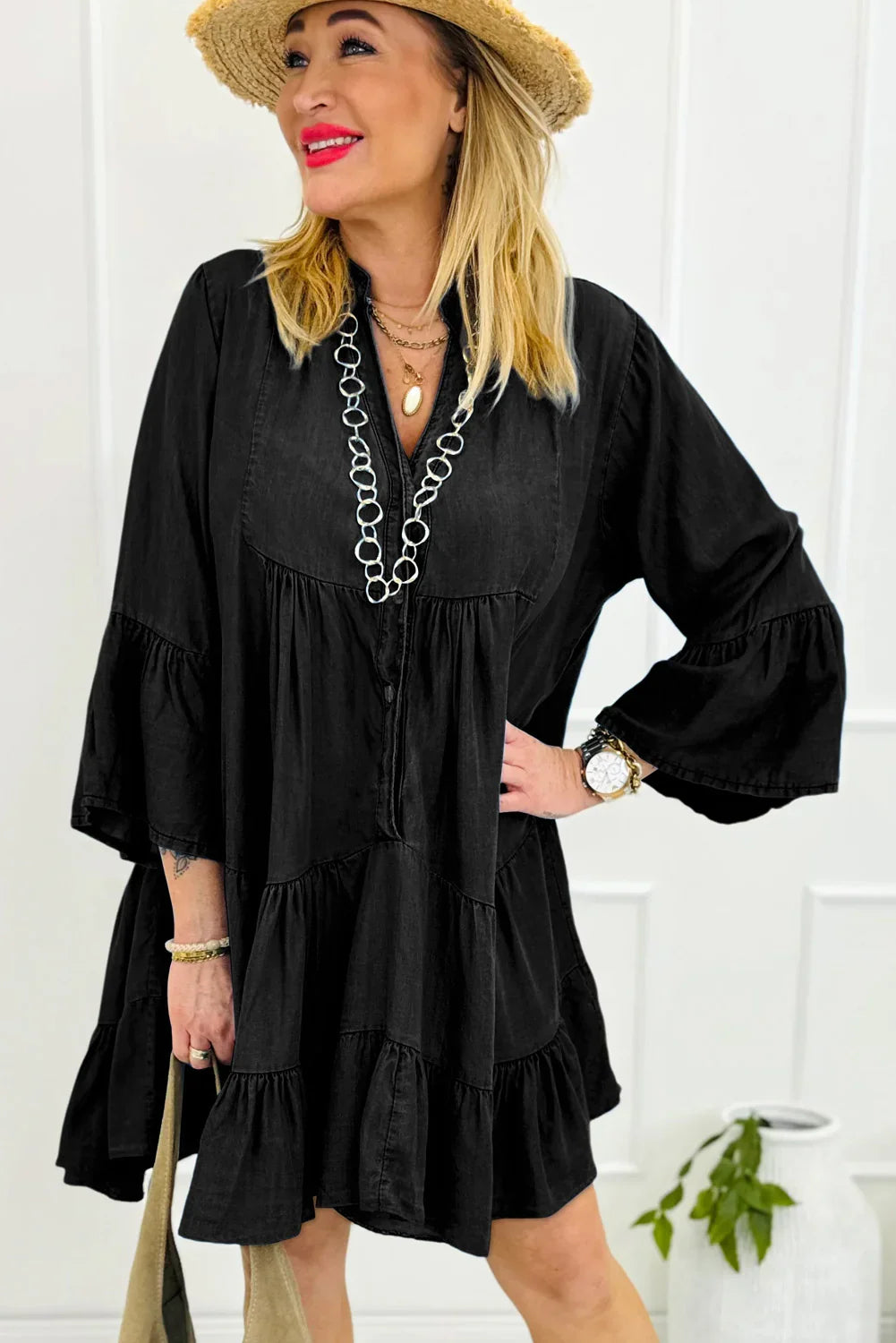 Corey Black Chambray Ruffled 3/4 Sleeve Tiered Split V Neck Mini Dress