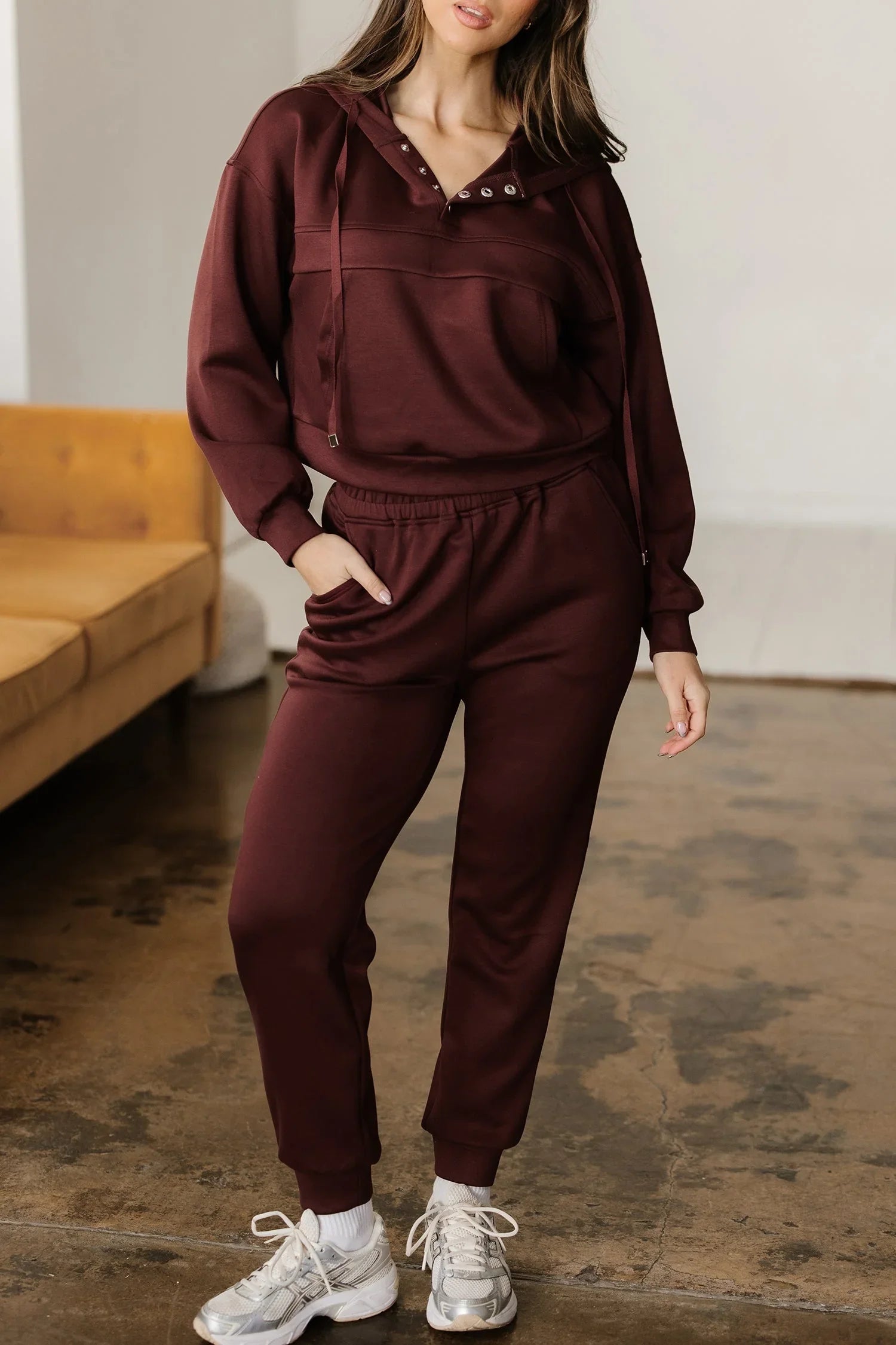 Chicory Coffee Button Drawstring Cropped Hoodie Jogger Set