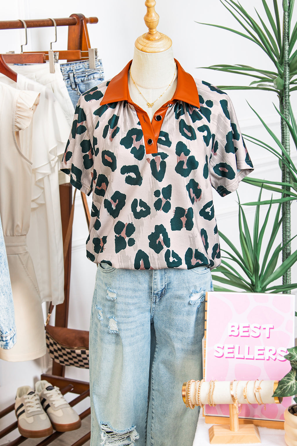Casual Leopard Print contrast Collared  Sleeve