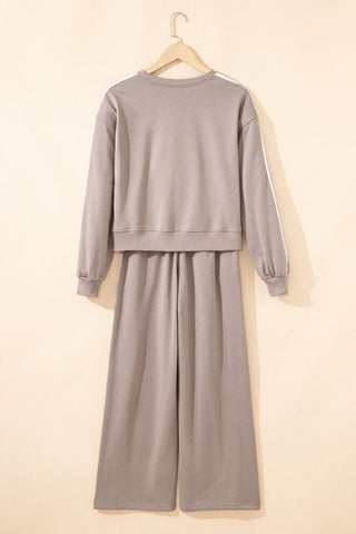 Gray Morn Varsity Striped Detail Crewneck Pullover Two Piece Outfit