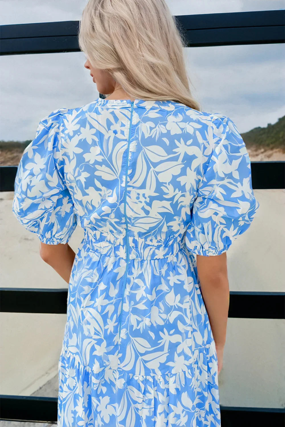 Midtown Girl Sky Blue Floral V Neck Puff Short Sleeve Flowy Long Dress