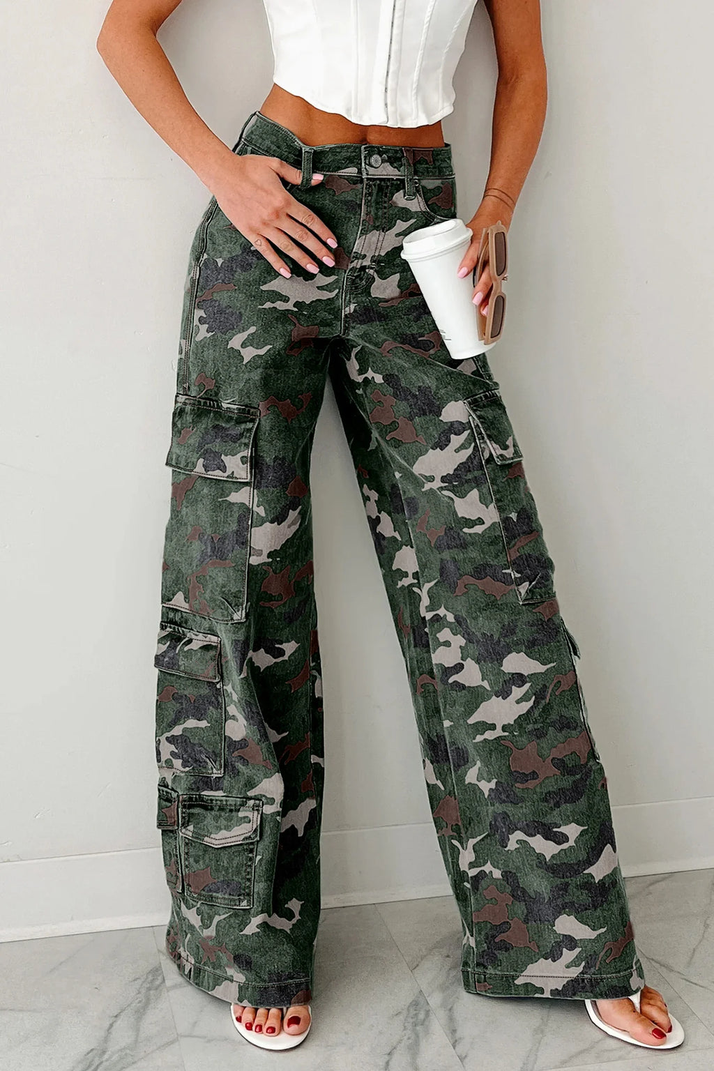 Gretter Green Camo Denim Cargo Wide Leg Pants