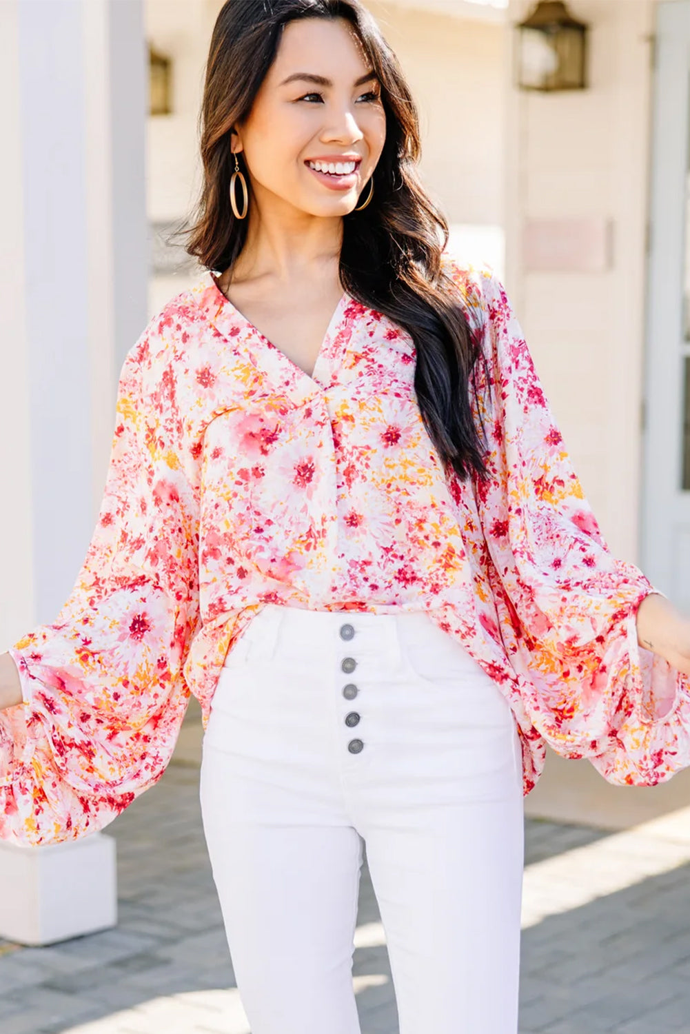 Pink Floral Bubble Sleeve V Neck Blouse