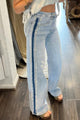 Charlie Beau Blue Contrast Stripe Frayed Side Panel Patchwork Shift Jeans