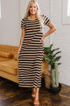 Zaidy Black Stripe Casual Round Neck T-shirt Maxi Dress with Pockets