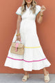 Londra White Colorblock Rickrack Trim Short Sleeve Drawstring Waist Long Dress