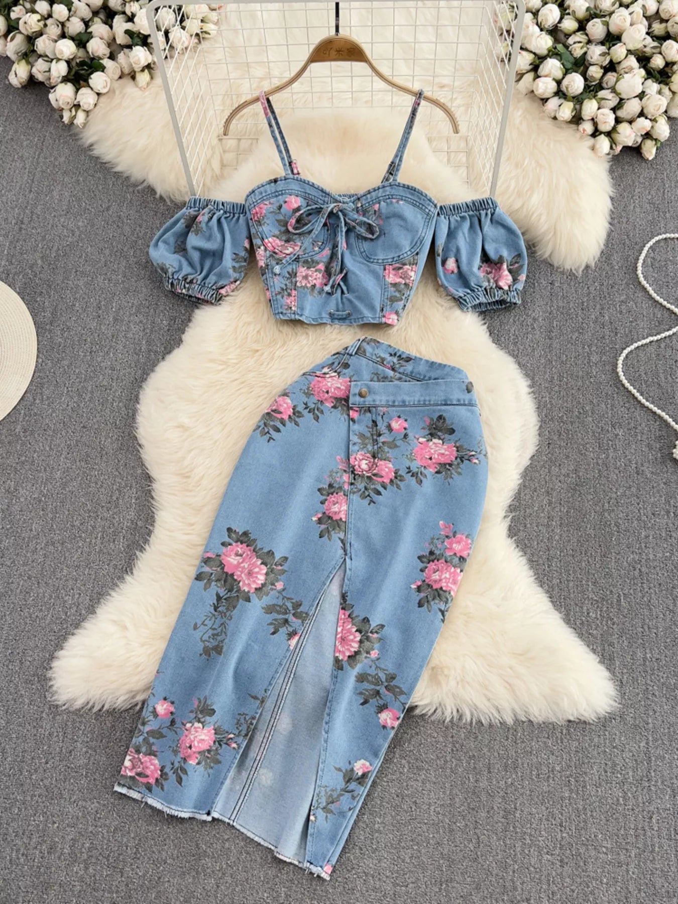 Ali Floral Print Sweetheart Neck Two Piece Sets
