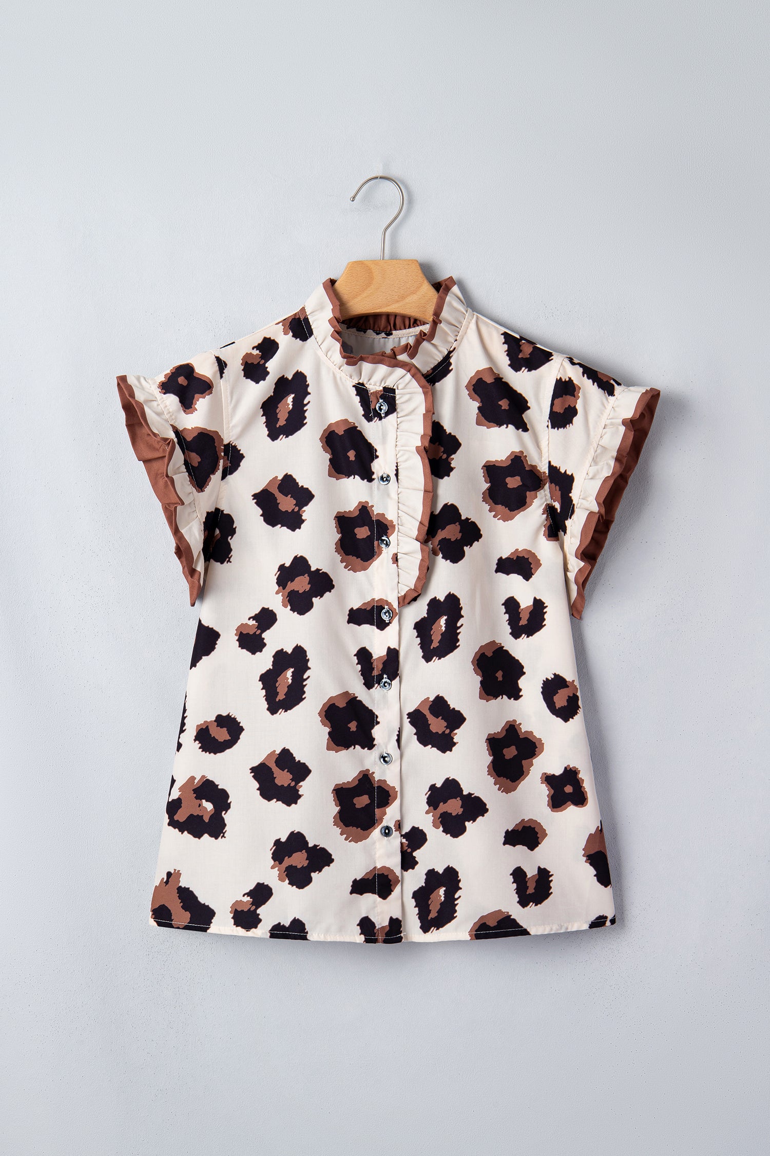 Khaki Leopard Printed Ruffle Sleeve Summer Blouse