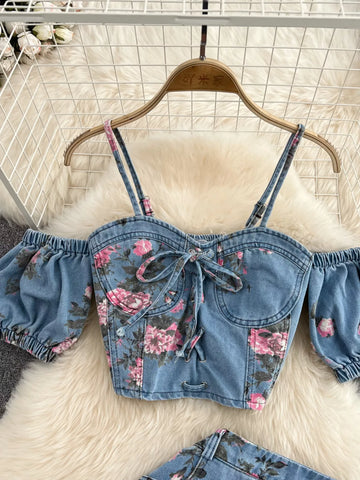 Ali Floral Print Sweetheart Neck Two Piece Sets