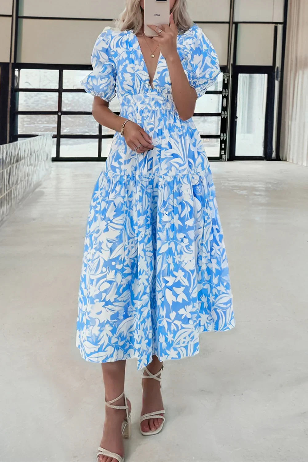 Midtown Girl Sky Blue Floral V Neck Puff Short Sleeve Flowy Long Dress