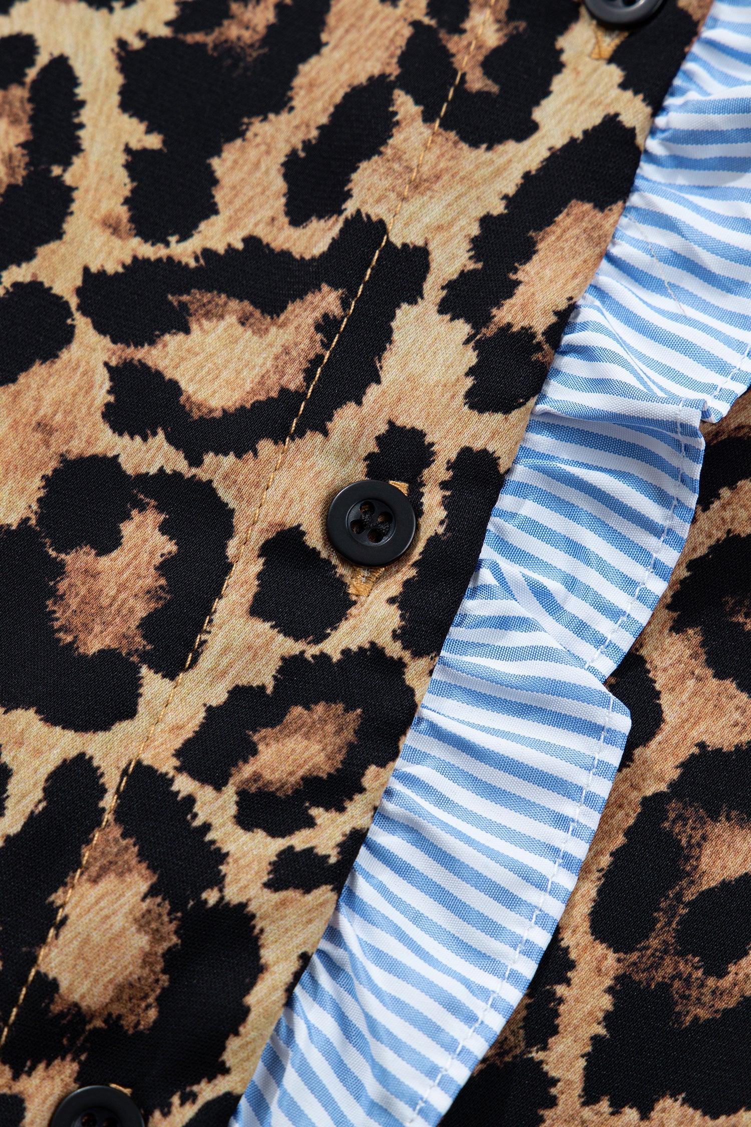 Brown Wild Leopard Print Contrast Striped Frilled Trim Chic Shirt