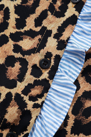 Brown Wild Leopard Print Contrast Striped Frilled Trim Chic Shirt