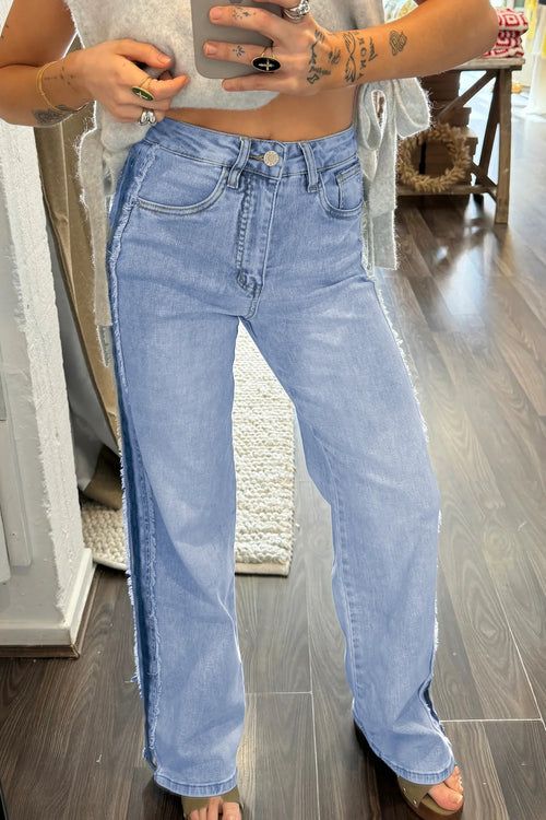 Charlie Beau Blue Contrast Stripe Frayed Side Panel Patchwork Shift Jeans