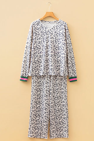 Denisse Leopard Long Sleeve V-Neck Two Piece Sets