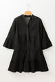 Corey Black Chambray Ruffled 3/4 Sleeve Tiered Split V Neck Mini Dress