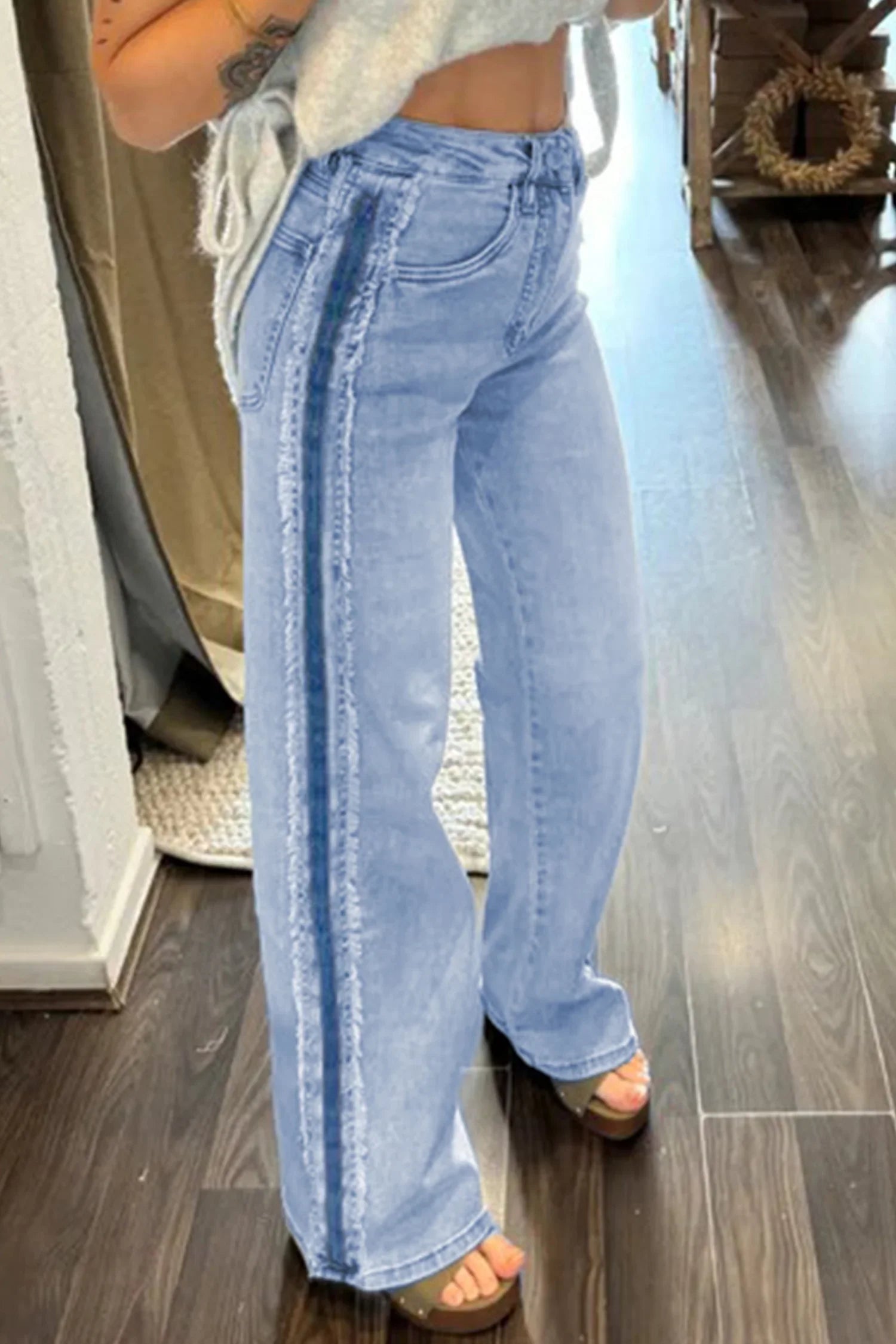 Charlie Beau Blue Contrast Stripe Frayed Side Panel Patchwork Shift Jeans